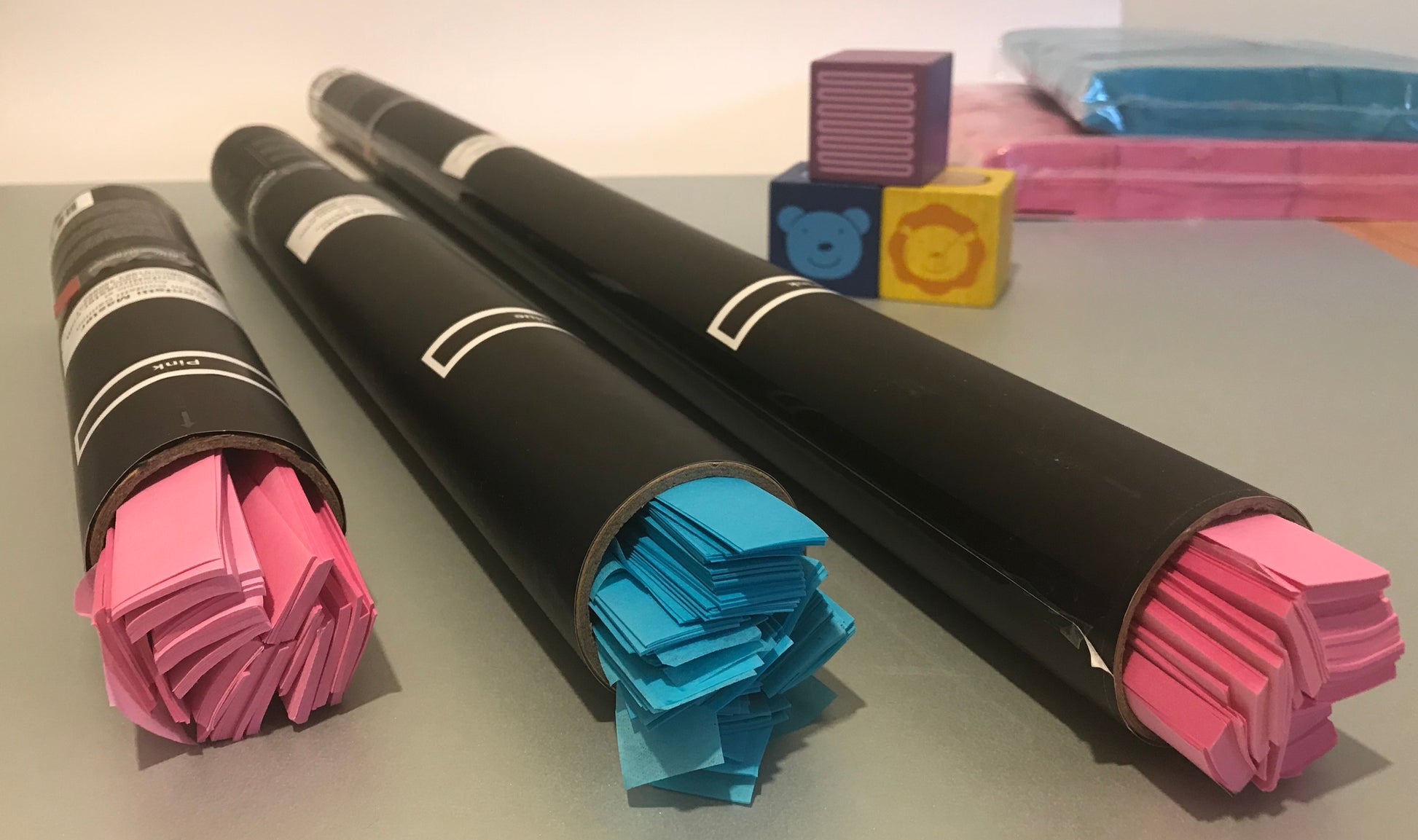 Gender reveal confetti cannons in 3 sizes.