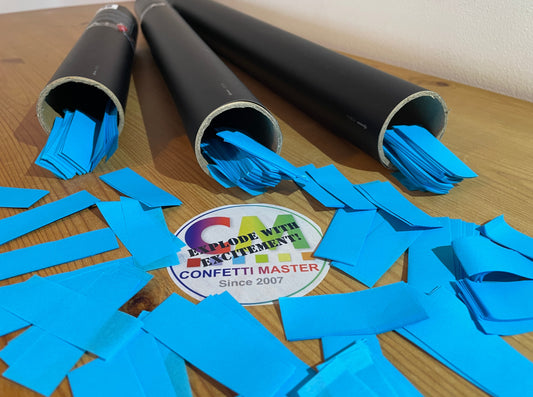 Confetti cannons filled with blue confetti