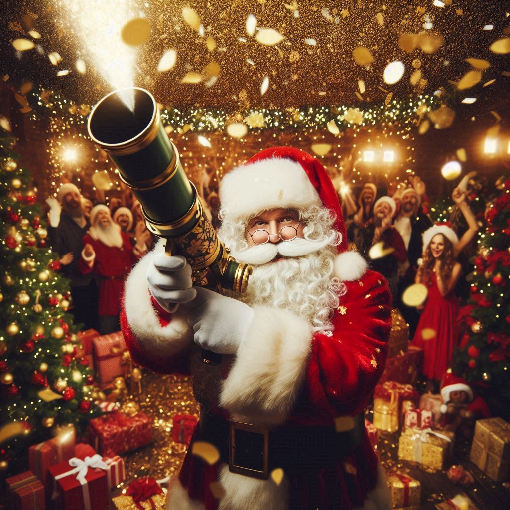 Santa with charismas confetti cannon at a party.