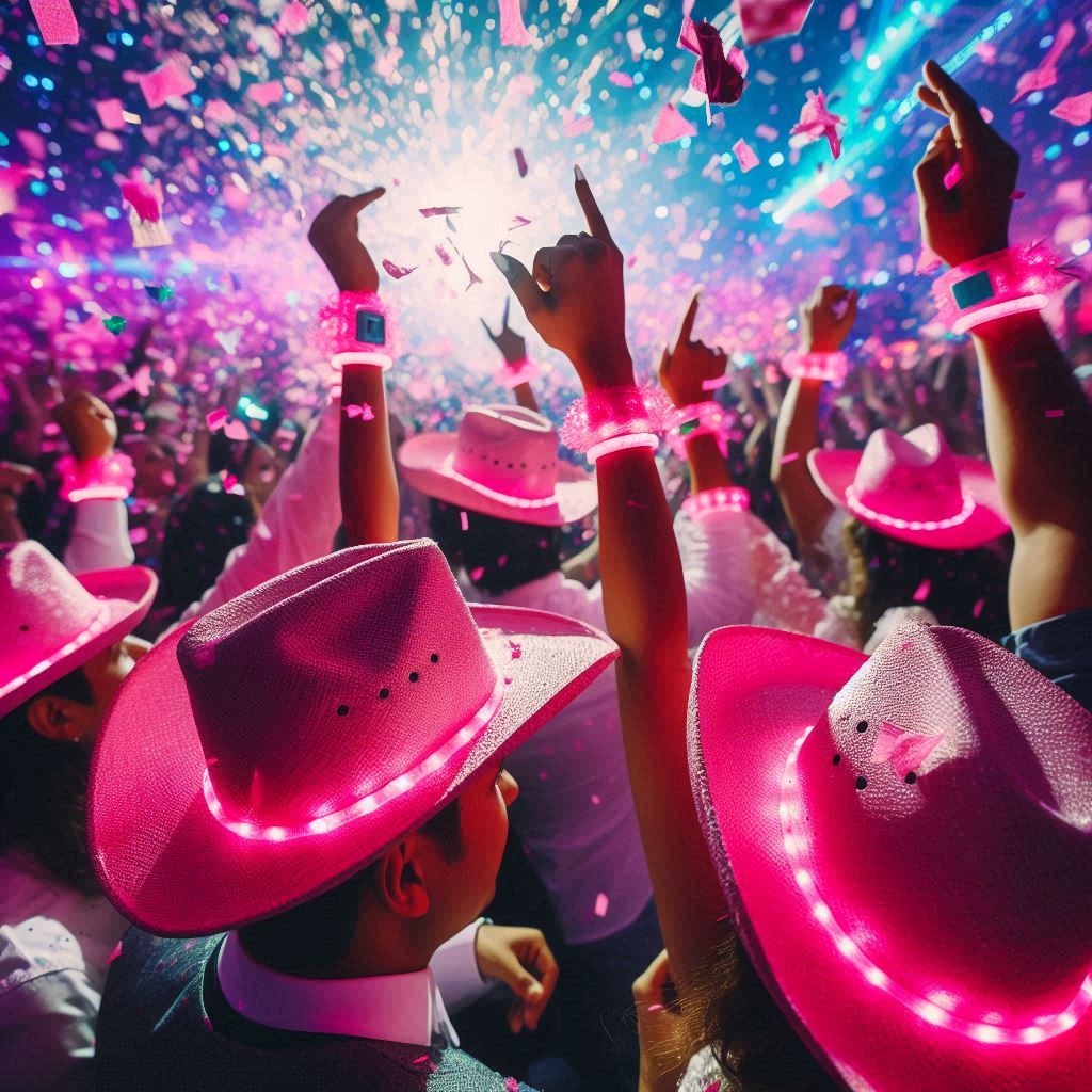 Pink Cowboy hats, pink confetti and LED bracelets being worn by party goers