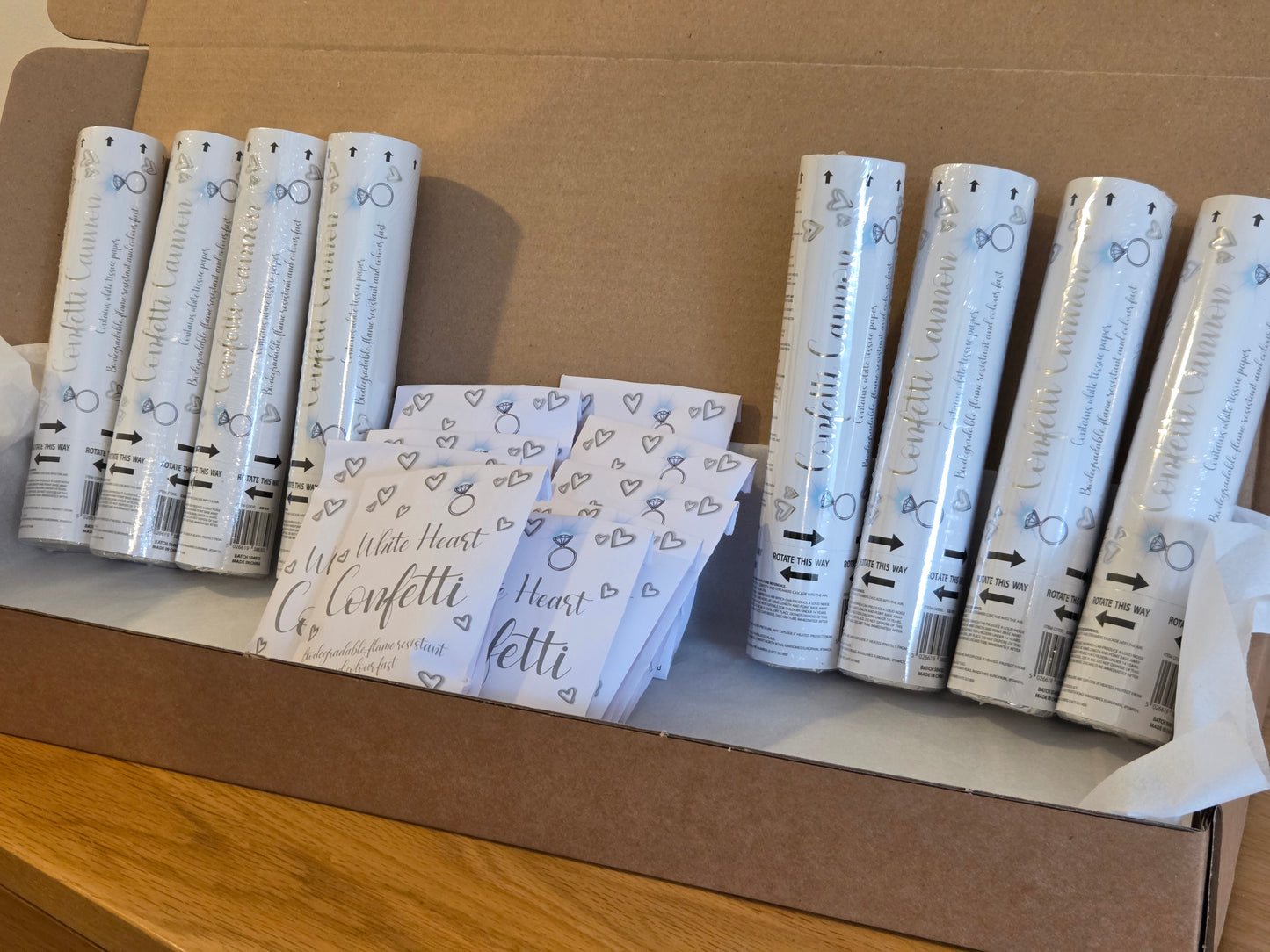 8 x Biodegradable White Confetti Cannons & 10 packs of White Heart Confetti