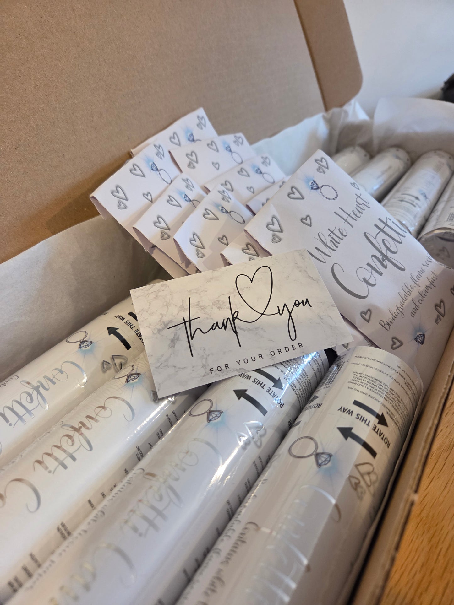 8 x Biodegradable White Confetti Cannons & 10 packs of White Heart Confetti