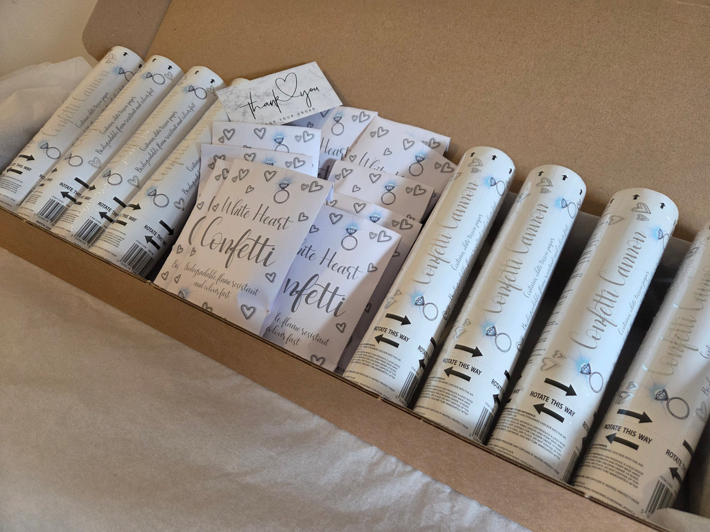 8 x Biodegradable White Confetti Cannons & 10 packs of White Heart Confetti