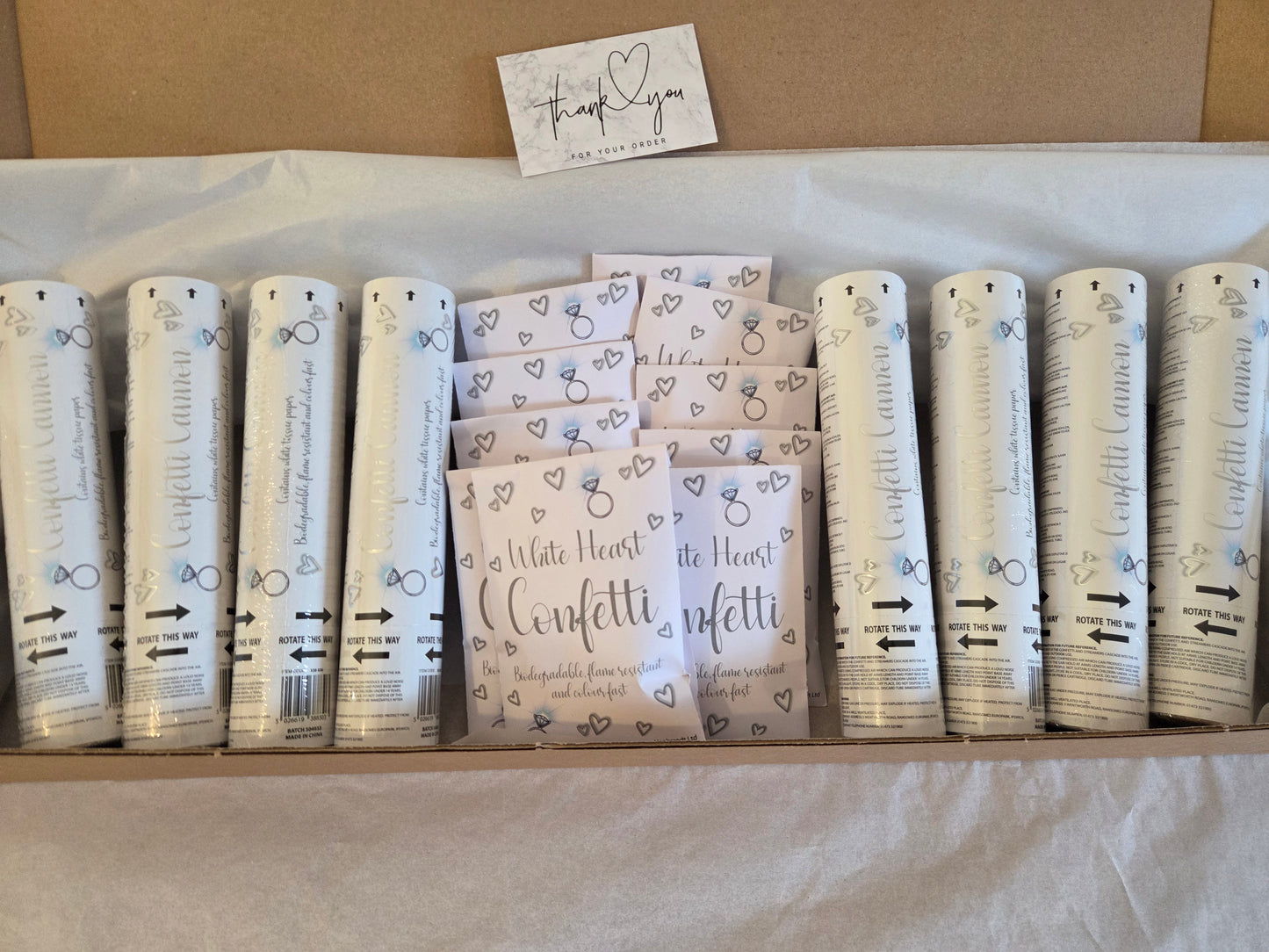 8 x Biodegradable White Confetti Cannons & 10 packs of White Heart Confetti