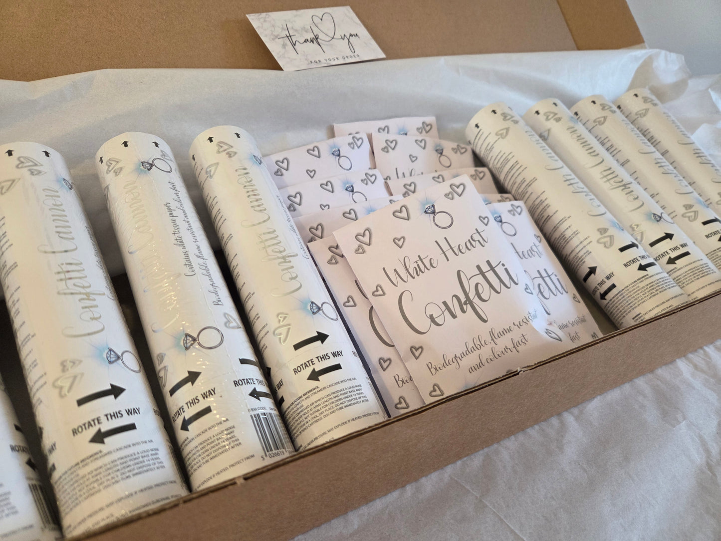 8 x Biodegradable White Confetti Cannons & 10 packs of White Heart Confetti