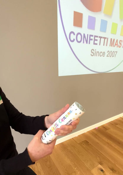 Multicoloured confetti cannon perfect for parties and weddings. 