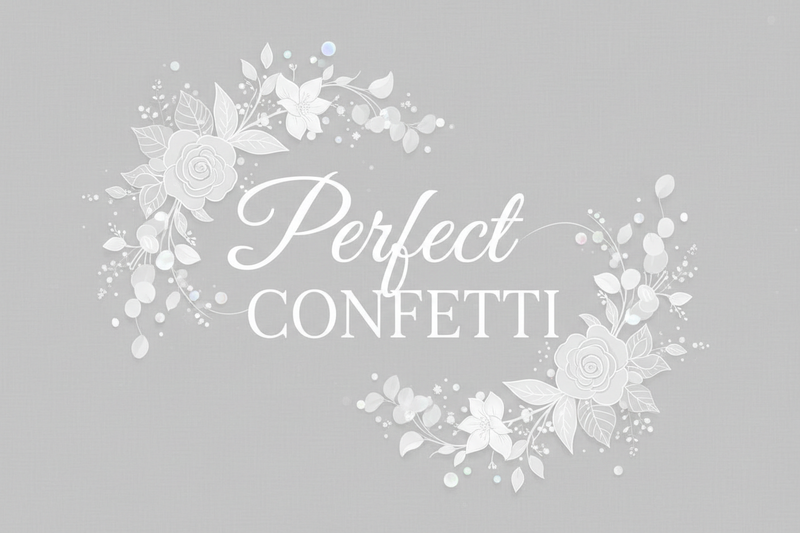 Floral confetti design with 'Perfect Confetti' text on a gray background