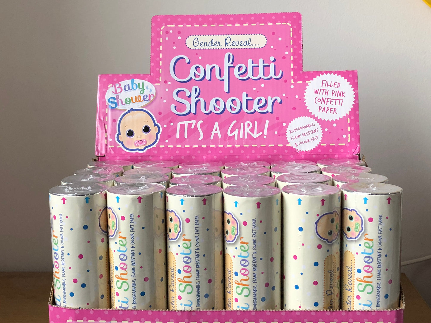 Pink 20cm Gender reveal confetti cannons in display box
